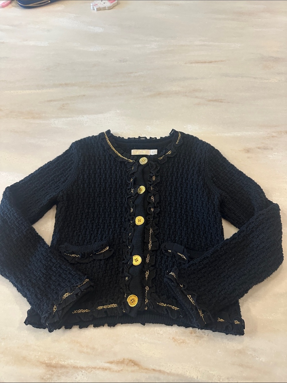Girls' Black Knit Button-Front Jacket with Gold Accent
